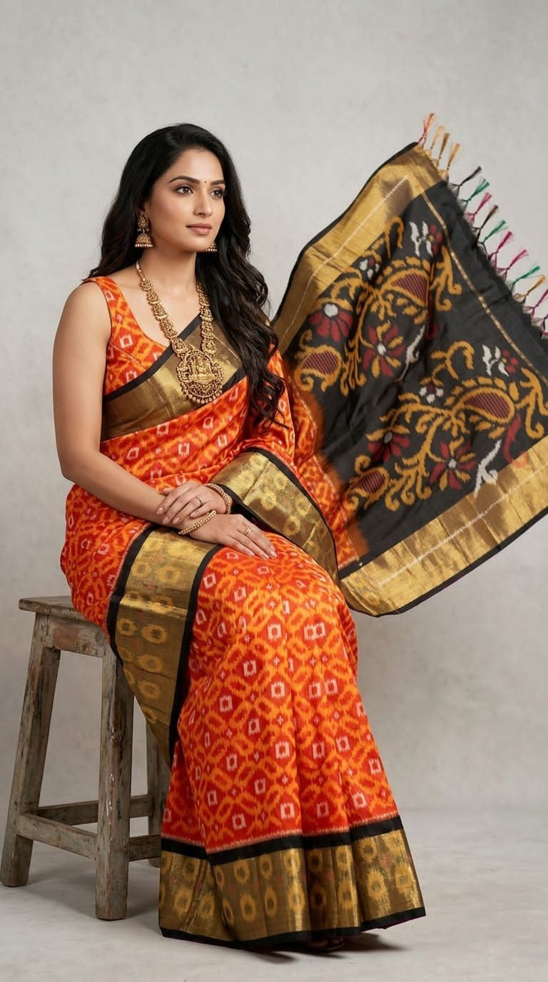 Pochampally Handloom Ikkat Sico Silk Saree with an intricate geometric pattern, a thick golden zari border, and pallu featuring traditional floral motifs.
