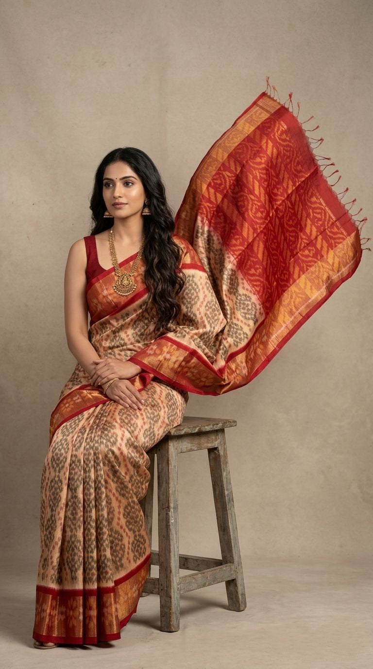 Pochampally Handloom Ikkat Sico Silk Saree with an intricate geometric pattern, a thick golden zari border, and pallu featuring traditional floral motifs.