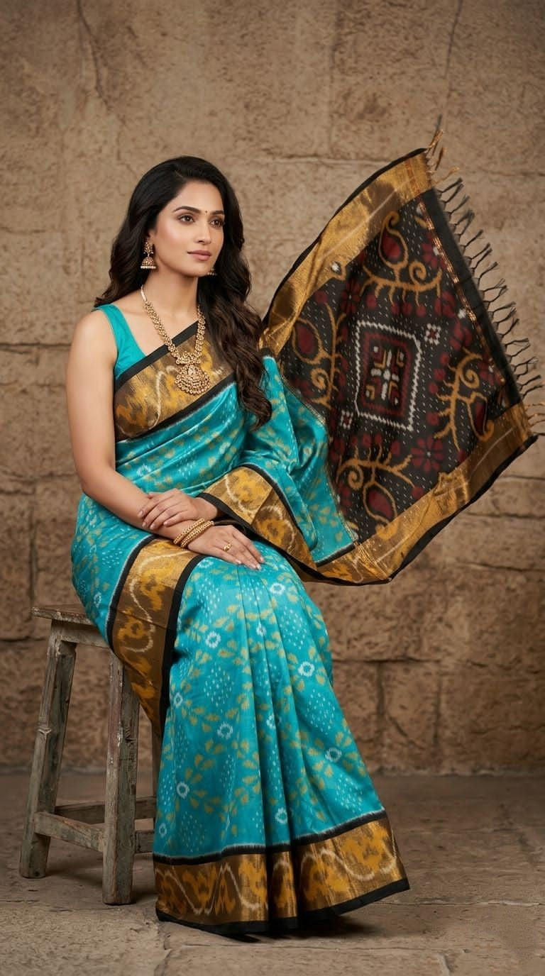 Pochampally Handloom Ikkat Sico Silk Saree with an intricate geometric pattern, a thick golden zari border, and pallu featuring traditional floral motifs.