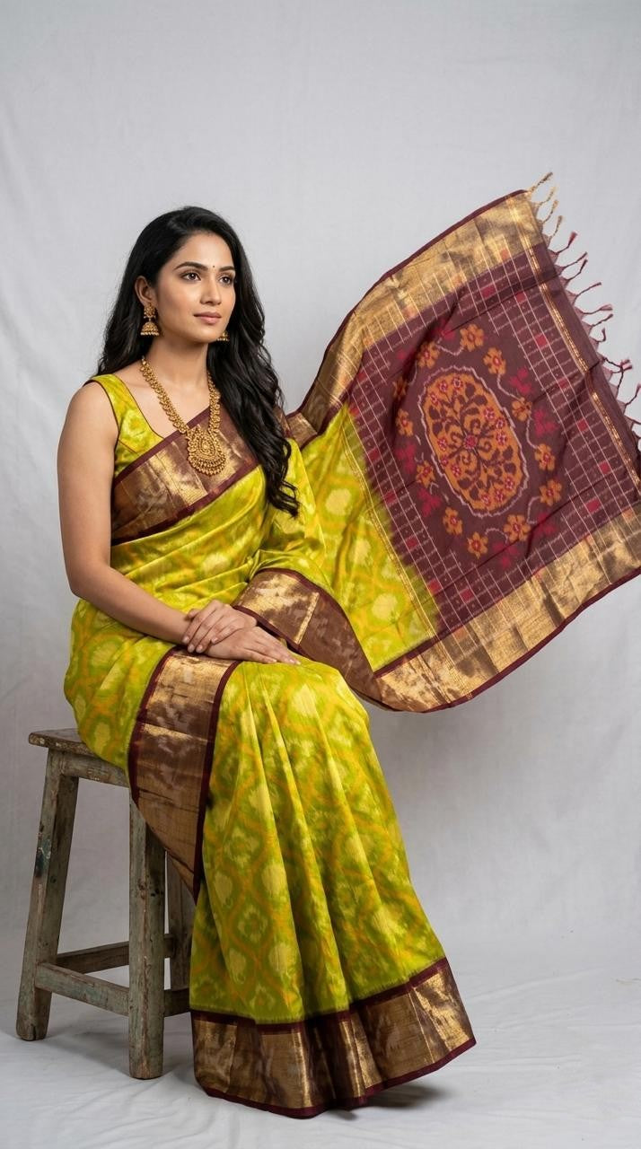 Pochampally Handloom Ikkat Sico Silk Saree with an intricate geometric pattern, a thick golden zari border, and pallu featuring traditional floral motifs.