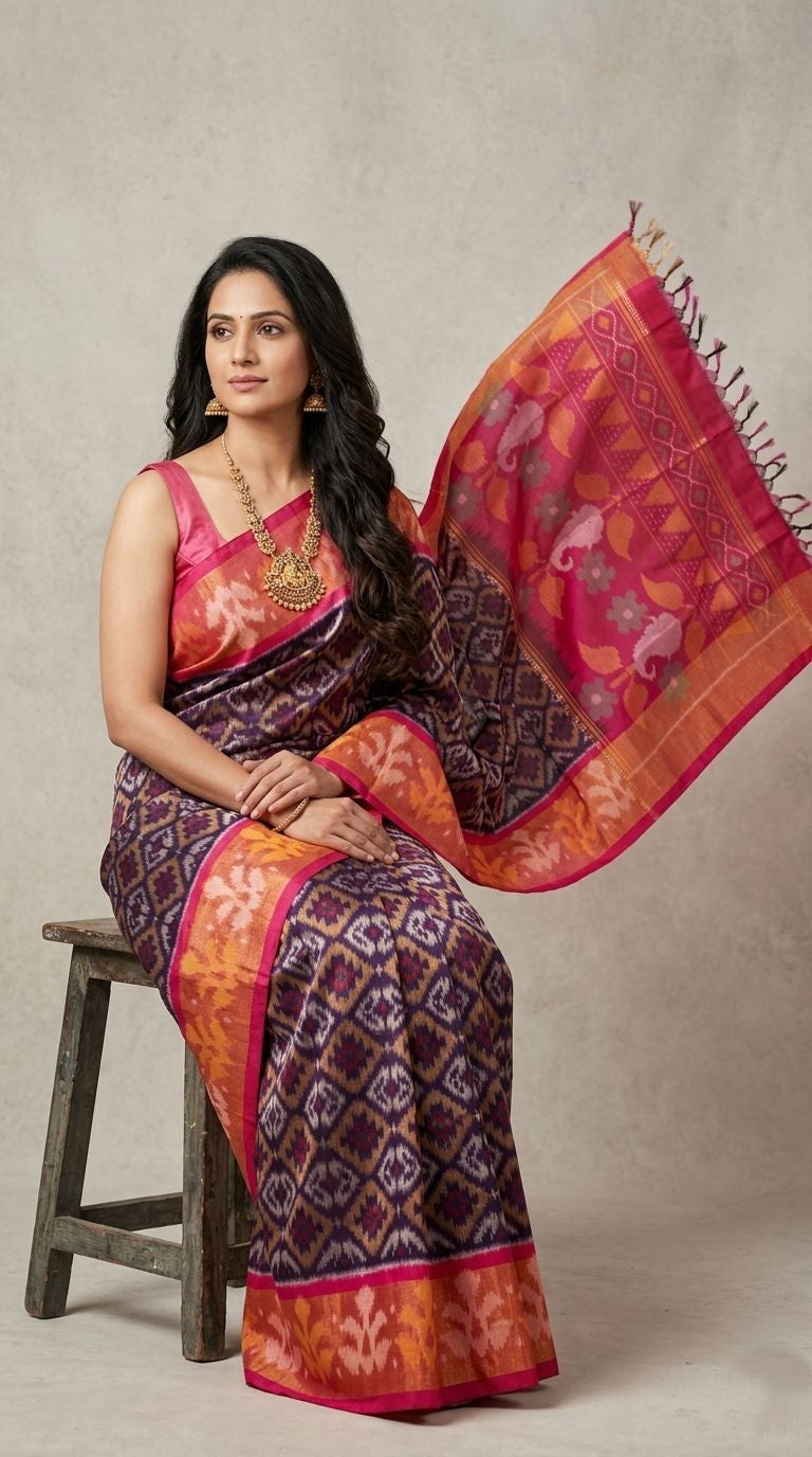 Pochampally Handloom Ikkat Sico Silk Saree with an intricate geometric pattern, a thick golden zari border, and pallu featuring traditional floral motifs.