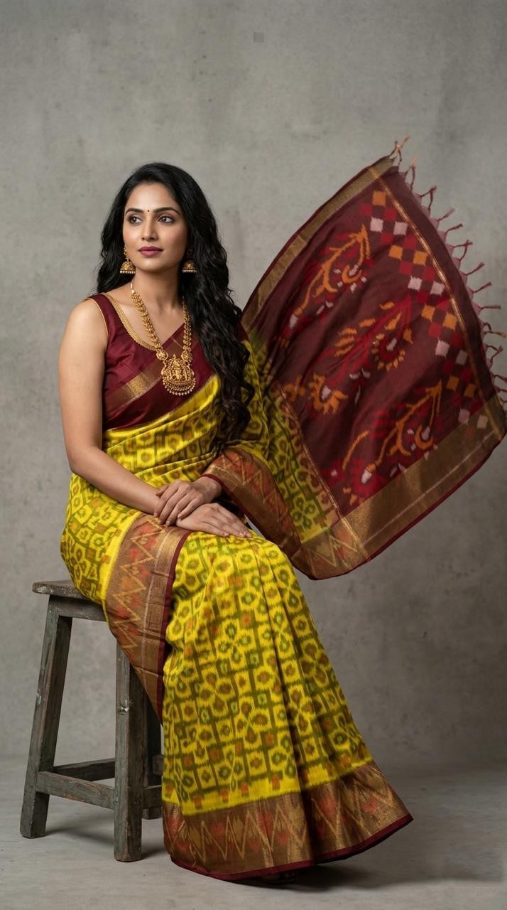 Pochampally Handloom Ikkat Sico Silk Saree with an intricate geometric pattern, a thick golden zari border, and pallu featuring traditional floral motifs.