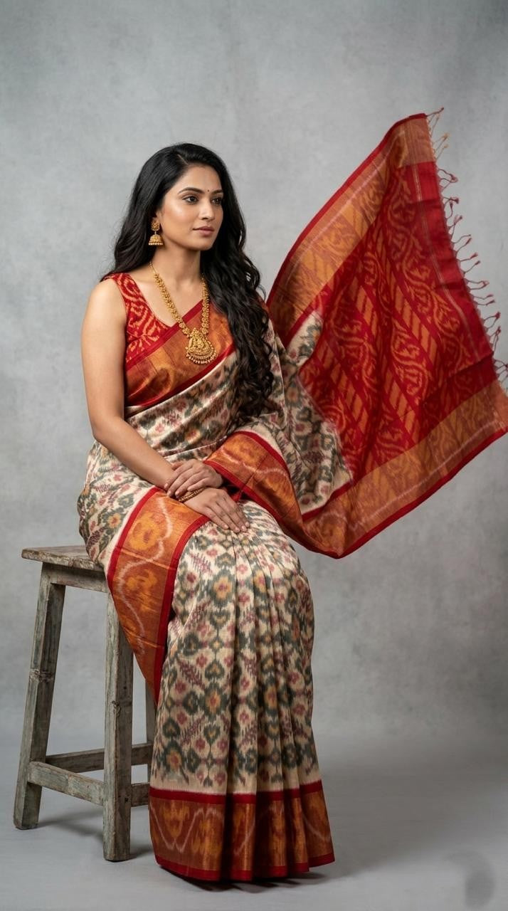 Pochampally Handloom Ikkat Sico Silk Saree with an intricate geometric pattern, a thick golden zari border, and pallu featuring traditional floral motifs.