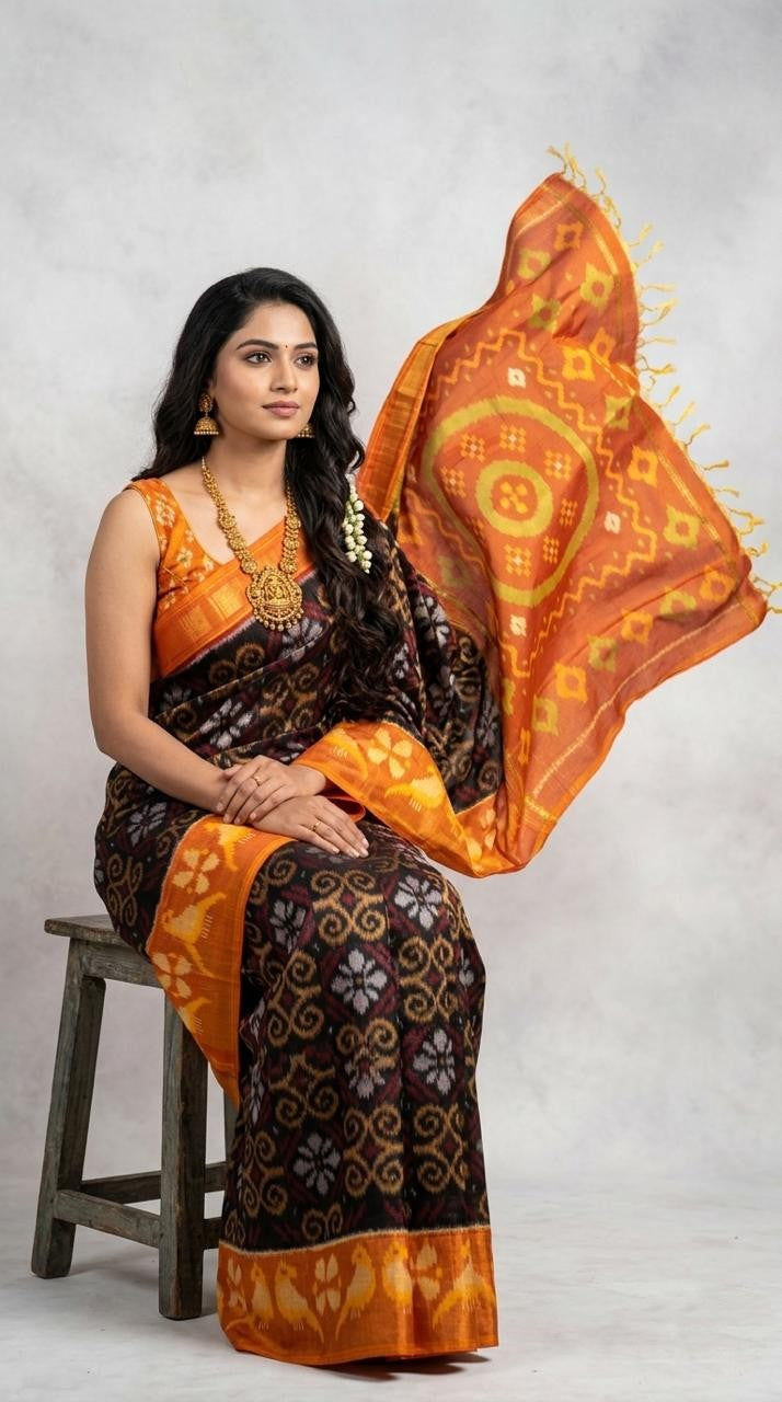 Pochampally Handloom Ikkat Sico Silk Saree with an intricate geometric pattern, a thick golden zari border, and pallu featuring traditional floral motifs.