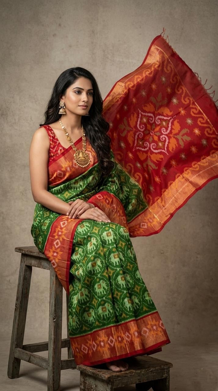 Pochampally Handloom Ikkat Sico Silk Saree with an intricate geometric pattern, a thick golden zari border, and a black pallu featuring traditional floral motifs.
