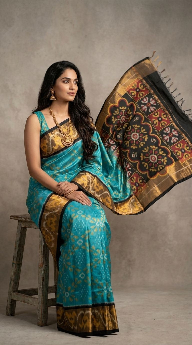 Pochampally Handloom Ikkat Sico Silk Saree with an intricate geometric pattern, a thick golden zari border, and pallu featuring traditional floral motifs.