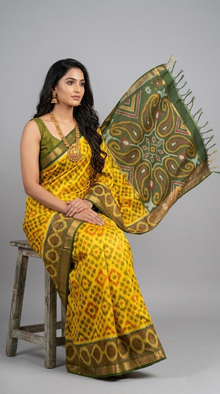 Pochampally Handloom Ikkat Sico Silk Saree with an intricate geometric pattern, a thick golden zari border, and pallu featuring traditional floral motifs.