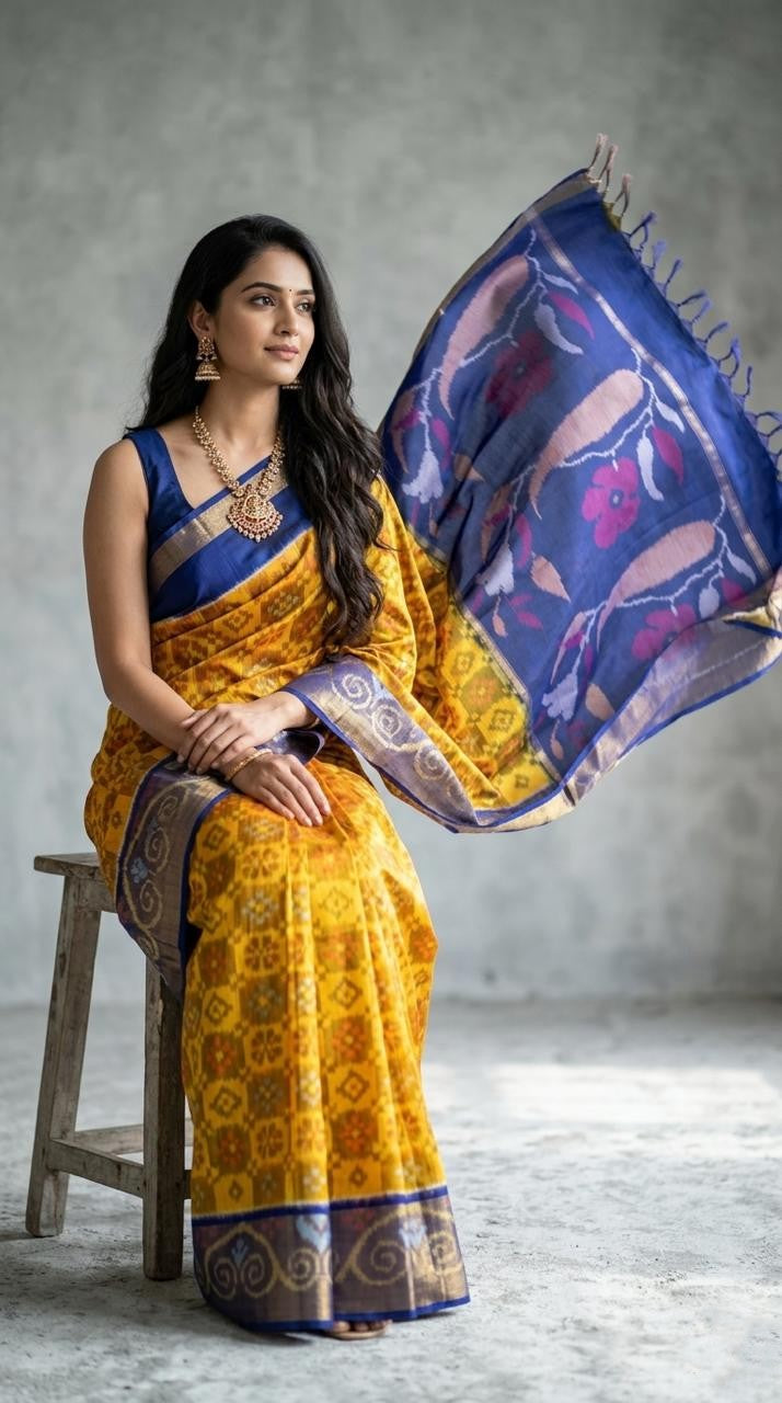 Pochampally Handloom Ikkat Sico Silk Saree with an intricate geometric pattern, a thick golden zari border, and pallu featuring traditional floral motifs.