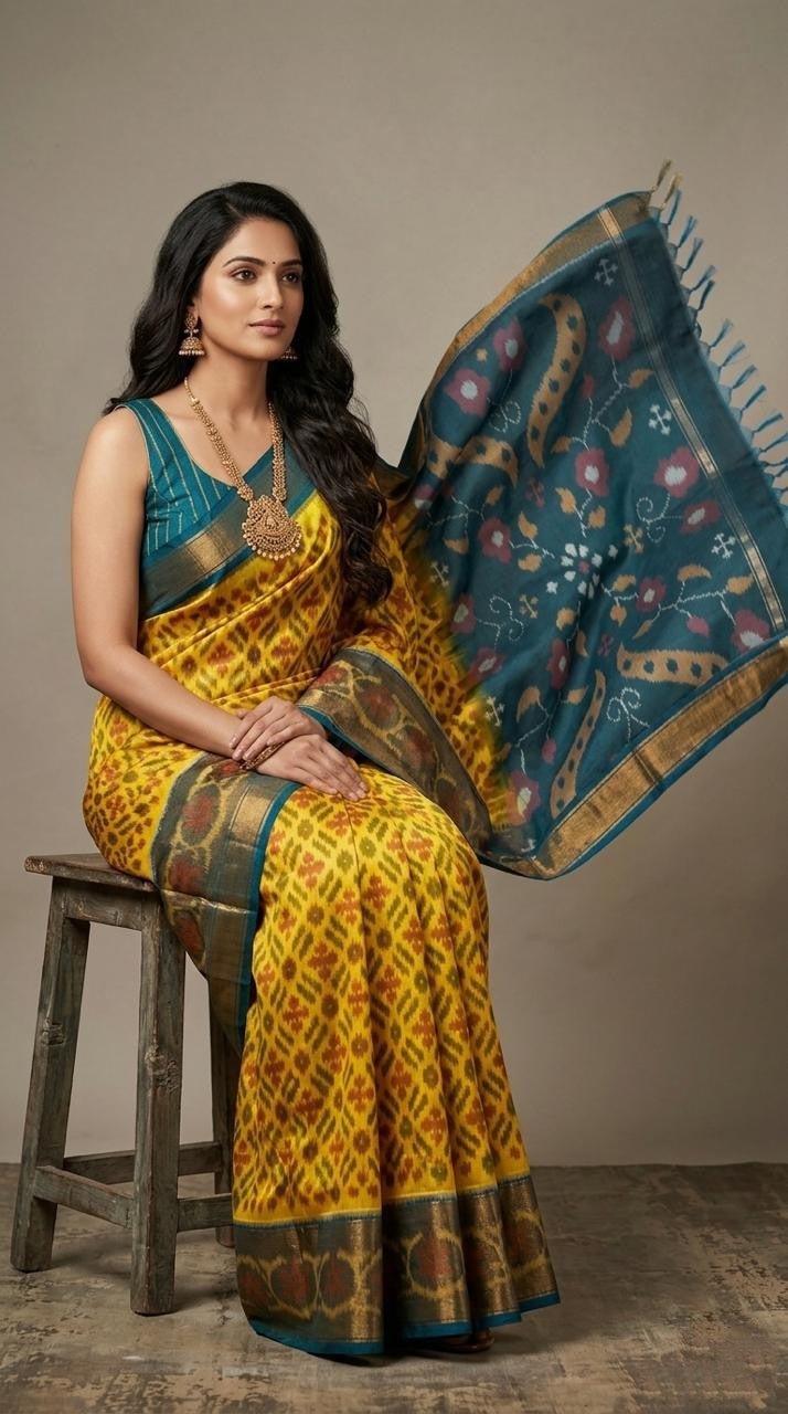 Pochampally Handloom Ikkat Sico Silk Saree with an intricate geometric pattern, a thick golden zari border, and pallu featuring traditional floral motifs.