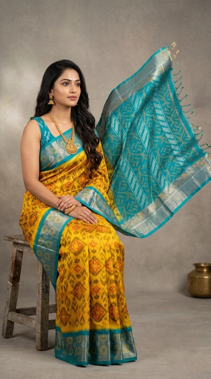 Pochampally Handloom Ikkat Sico Silk Saree with an intricate geometric pattern, a thick golden zari border, and pallu featuring traditional floral motifs.