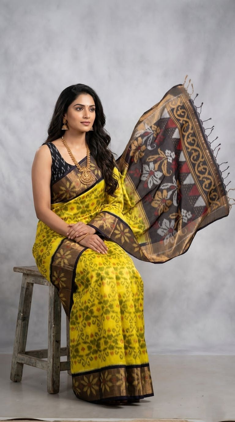 Pochampally Handloom Ikkat Sico Silk Saree with an intricate geometric pattern, a thick golden zari border, and pallu featuring traditional floral motifs.