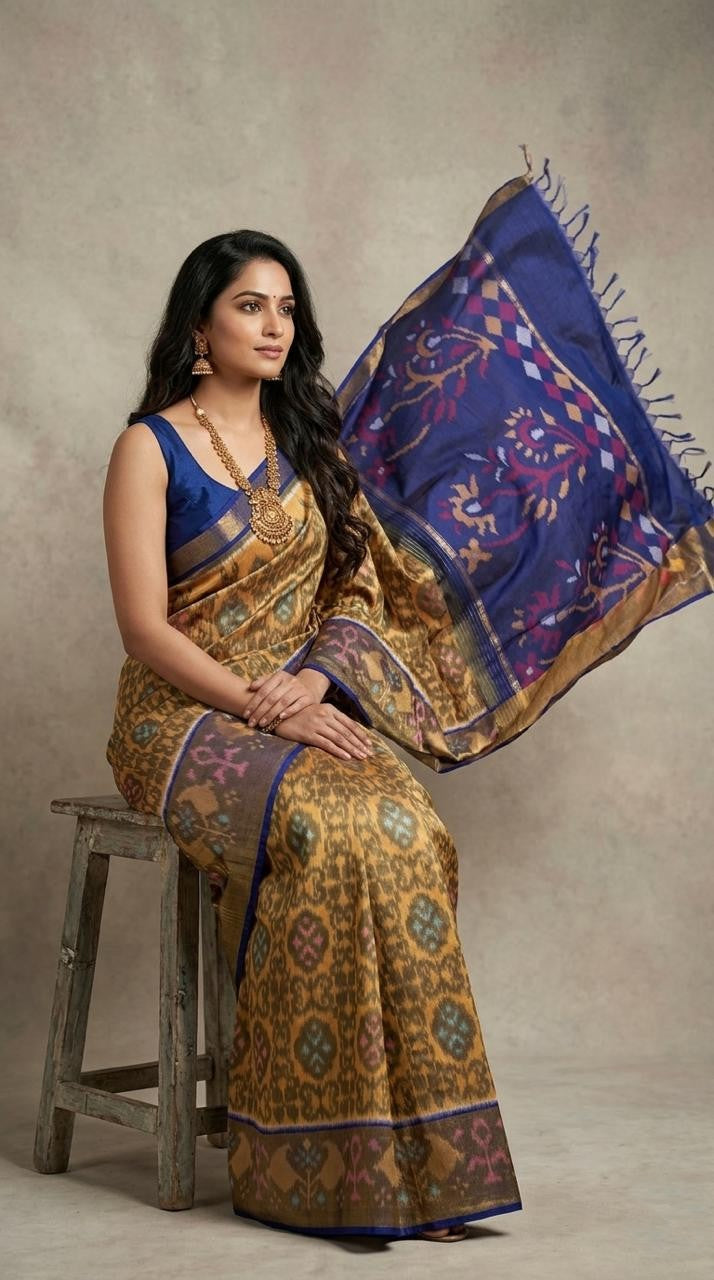 Pochampally Handloom Ikkat Sico Silk Saree with an intricate geometric pattern, a thick golden zari border, and pallu featuring traditional floral motifs.