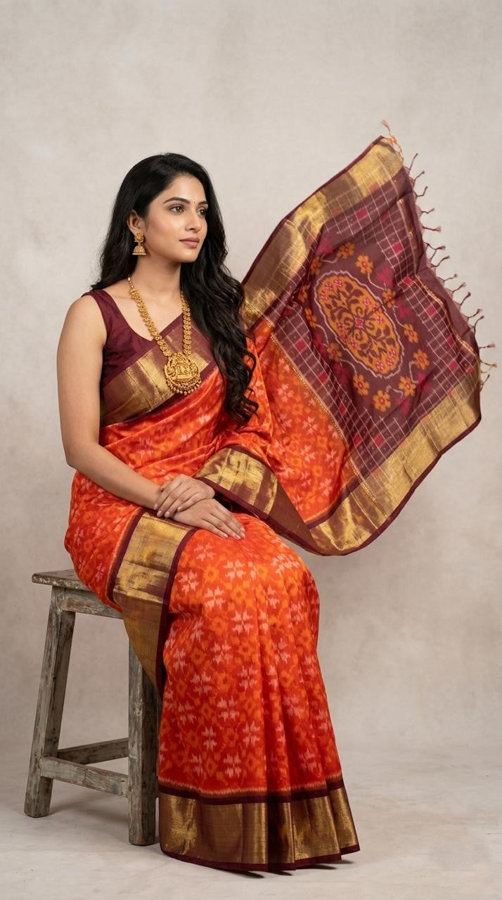 Pochampally Handloom Ikkat Sico Silk Saree with an intricate geometric pattern, a thick golden zari border, and pallu featuring traditional floral motifs.