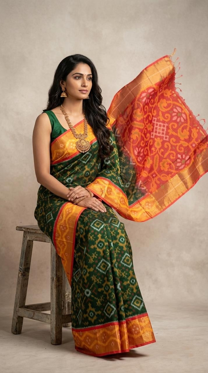 Pochampally Handloom Ikkat Sico Silk Saree with an intricate geometric pattern, a thick golden zari border, and pallu featuring traditional floral motifs.