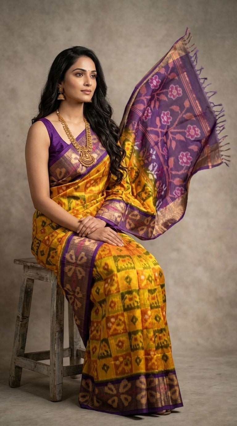 Pochampally Handloom Ikkat Sico Silk Saree with an intricate geometric pattern, a thick golden zari border, and a black pallu featuring traditional floral motifs.