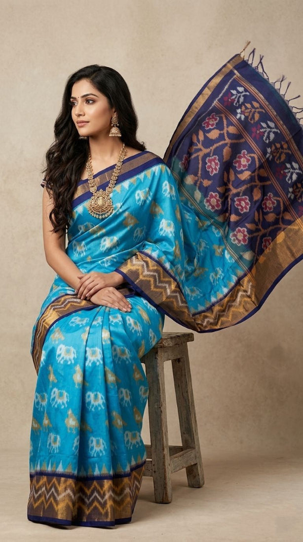 Pochampally Handloom Ikkat Sico Silk Saree with an intricate geometric pattern, a thick golden zari border, and pallu featuring traditional floral motifs.