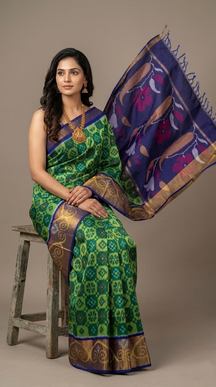 Pochampally Handloom Ikkat Sico Silk Saree with an intricate geometric pattern, a thick golden zari border, and pallu featuring traditional floral motifs.