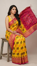 Pochampally Handloom Ikkat Sico Silk Saree with an intricate geometric pattern, a thick golden zari border, and pallu featuring traditional floral motifs.