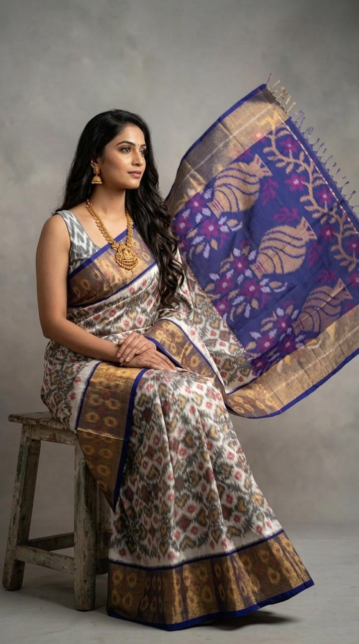 Pochampally Handloom Ikkat Sico Silk Saree with an intricate geometric pattern, a thick golden zari border, and pallu featuring traditional floral motifs.
