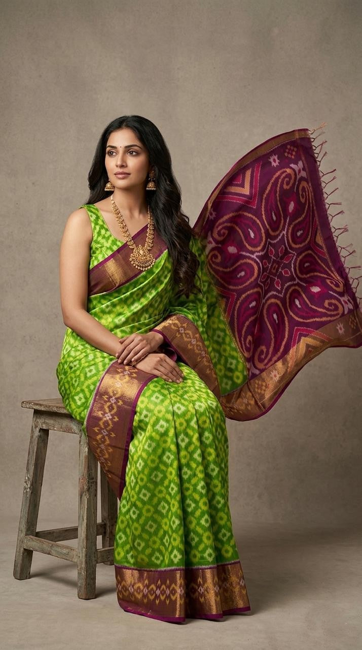 Pochampally Handloom Ikkat Sico Silk Saree with an intricate geometric pattern, a thick golden zari border, and a black pallu featuring traditional floral motifs.