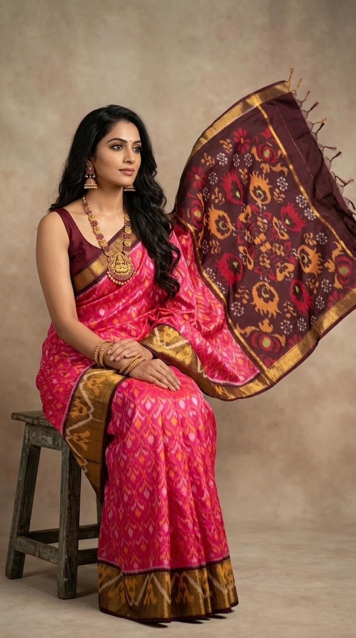 Pochampally Handloom Ikkat Sico Silk Saree with an intricate geometric pattern, a thick golden zari border, and a black pallu featuring traditional floral motifs.