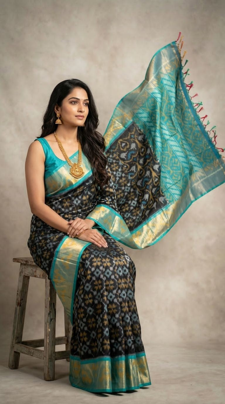 Pochampally Handloom Ikkat Sico Silk Saree with an intricate geometric pattern, a thick golden zari border, and a black pallu featuring traditional floral motifs.