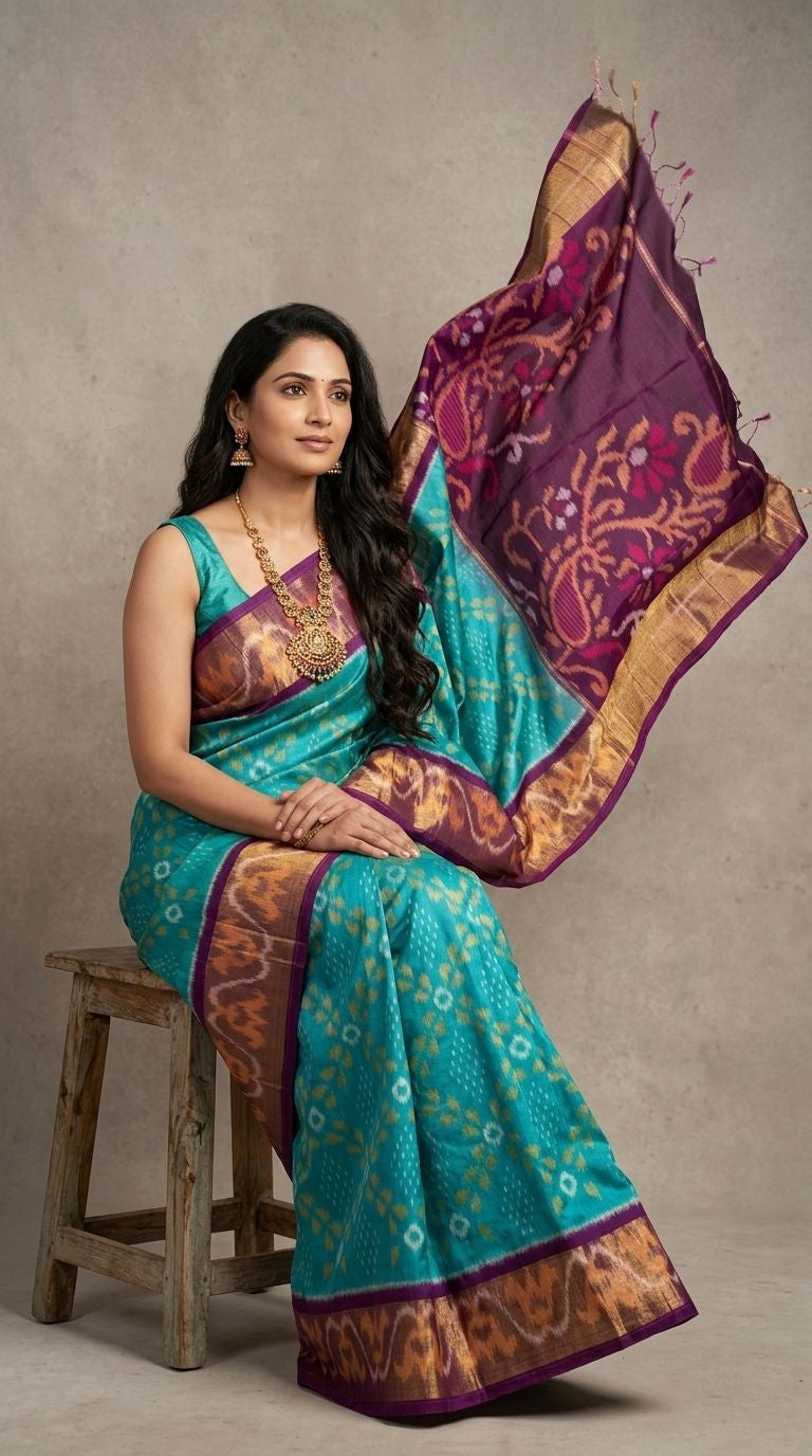 Pochampally Handloom Ikkat Sico Silk Saree with an intricate geometric pattern, a thick golden zari border, and a black pallu featuring traditional floral motifs.