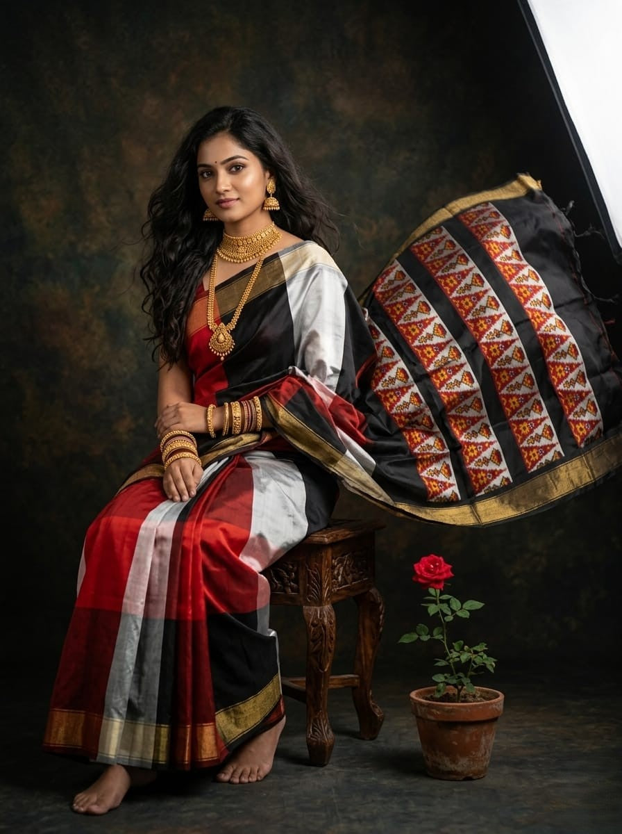 A premium red, white, and black Pochampally handloom silk saree showcasing authentic geometric Ikkat patterns, a solid contrasting border, and a Silk Mark certified assurance tag.