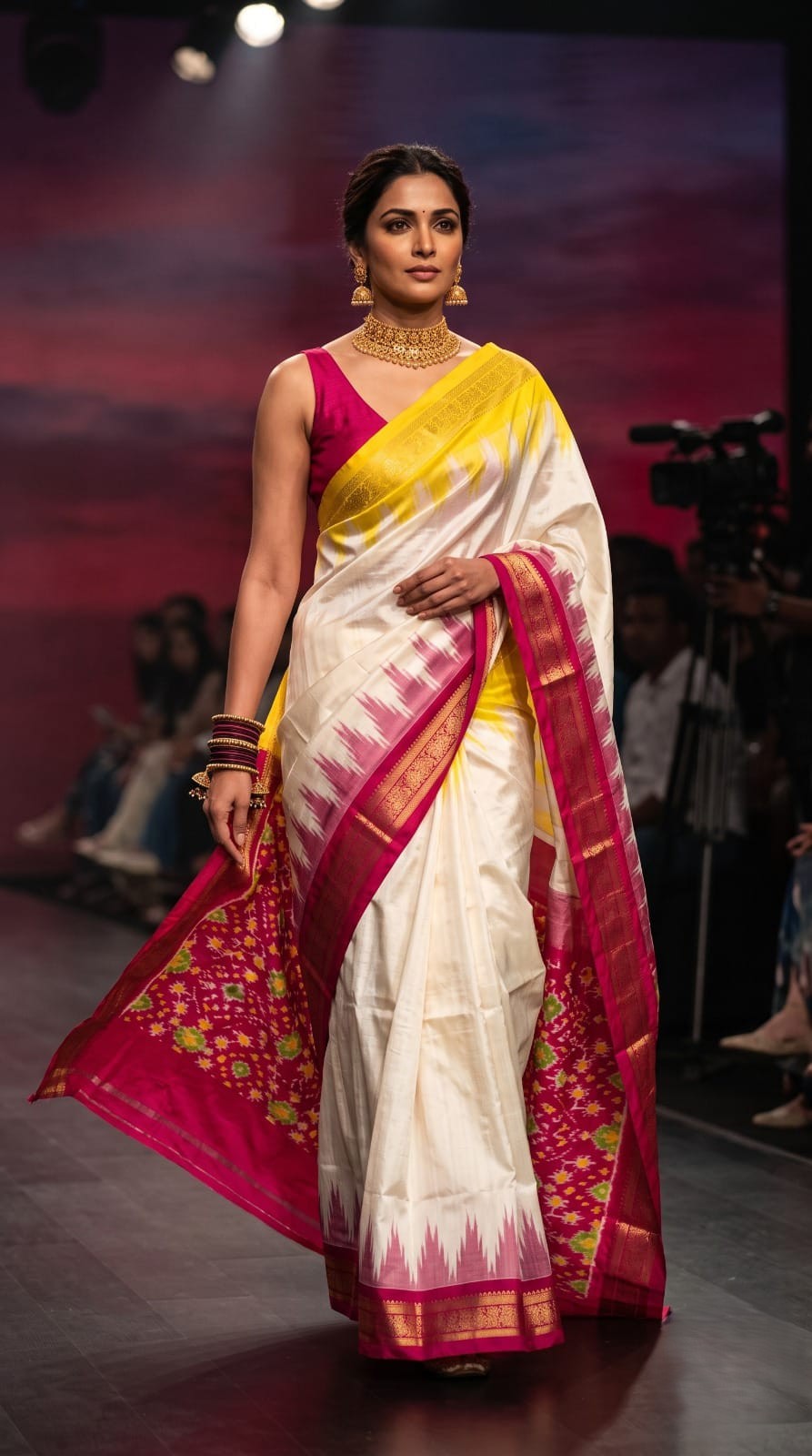 A model wearing a cream Pochampally Handloom Pure Ikkat Silk Saree featuring yellow and pink Ganga Yamuna temple design borders.