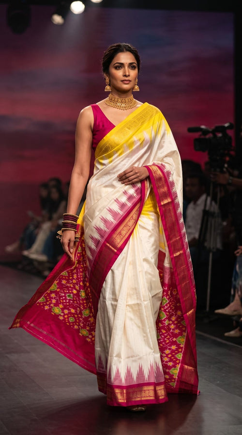 A model wearing a cream Pochampally Handloom Pure Ikkat Silk Saree featuring yellow and pink Ganga Yamuna temple design borders.