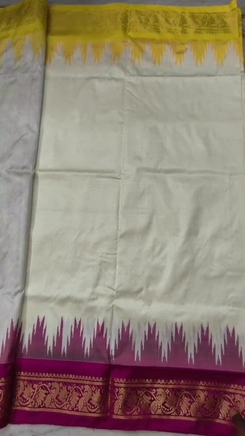 Cream Pochampally Handloom Pure Ikkat Silk Saree featuring yellow and pink Ganga Yamuna temple design borders.