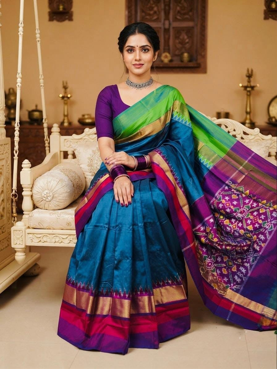 A woman seated on an ornate cream-colored sofa wearing a richly colored silk saree. The saree features a deep teal blue body, a purple blouse, and a vibrant green, purple, and gold border with intricate floral patterns.
