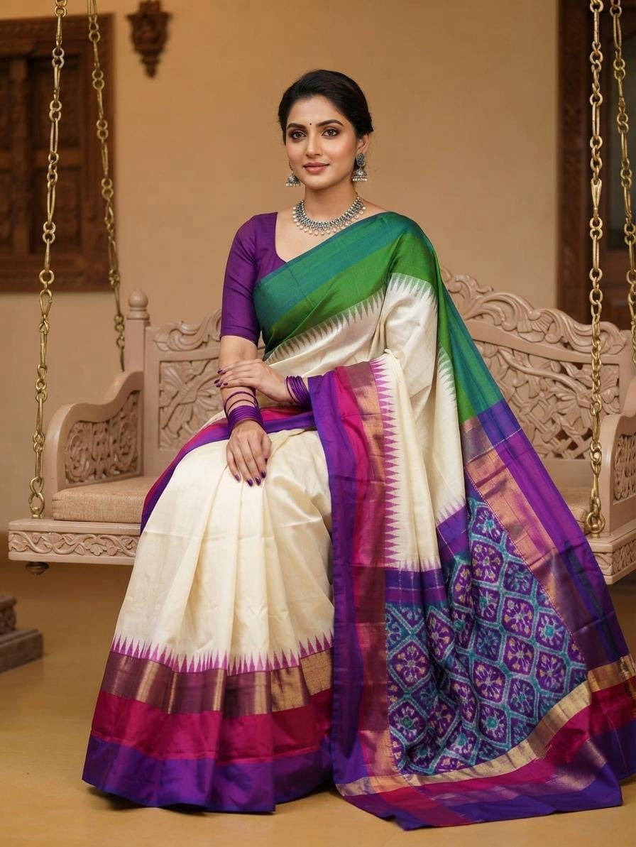 A woman seated on a carved wooden swing wearing a multicolored silk saree with a purple blouse. The saree has a cream body, green and purple upper drape, and a purple border with blue geometric patterns.