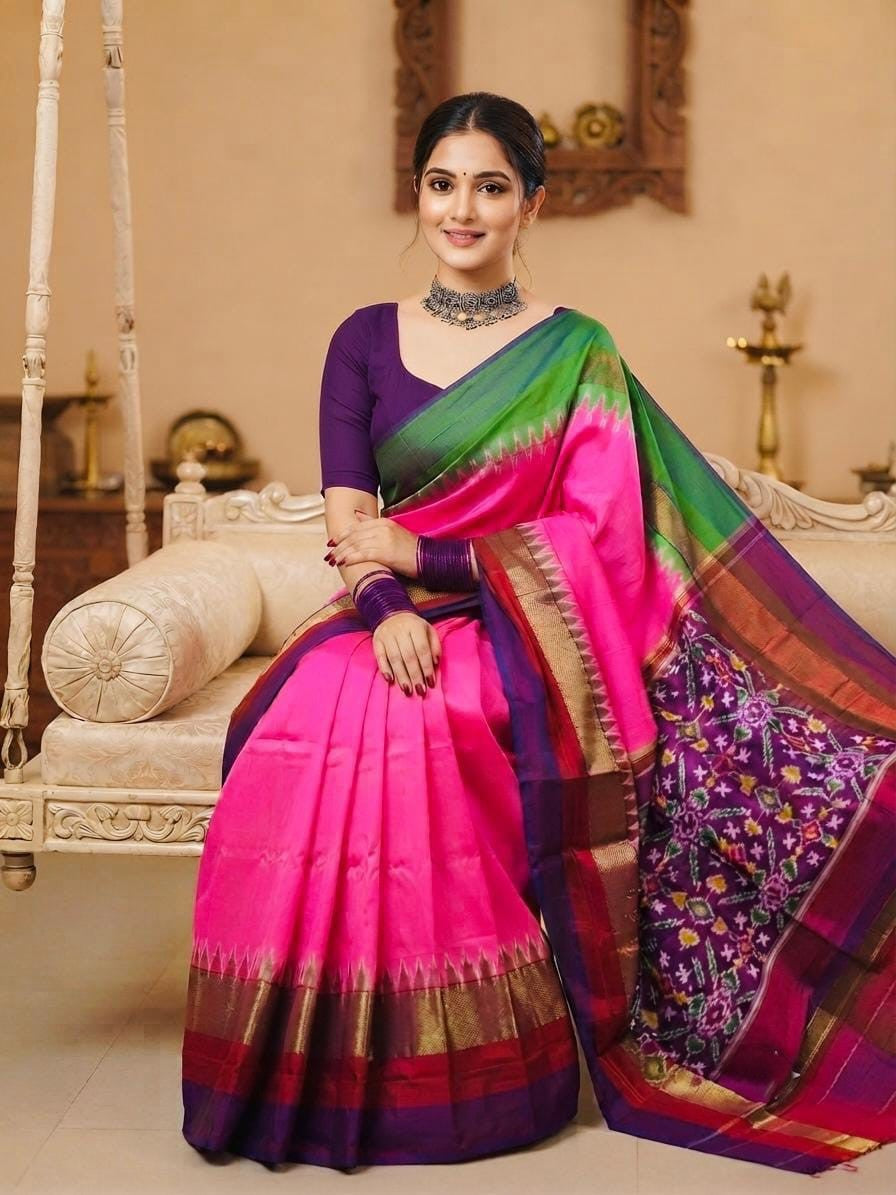 A woman seated on an ornate cream sofa wearing a bright pink and purple saree with green, gold, and red border details, styled with a purple blouse and jewelry in an indoor setting.