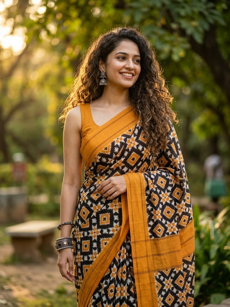 A luxurious red Pochampally handloom silk saree featuring intricate Teliya Rumal double ikat geometric patterns and a traditional border.