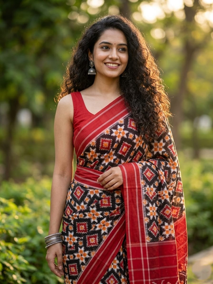 A luxurious red Pochampally handloom silk saree featuring intricate Teliya Rumal double ikat geometric patterns and a traditional border.