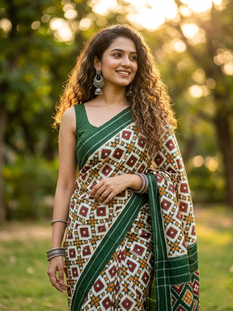 A luxurious red Pochampally handloom silk saree featuring intricate Teliya Rumal double ikat geometric patterns and a traditional border.