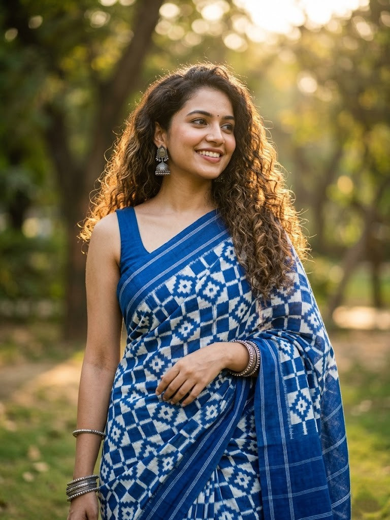 A luxurious red Pochampally handloom silk saree featuring intricate Teliya Rumal double ikat geometric patterns and a traditional border.