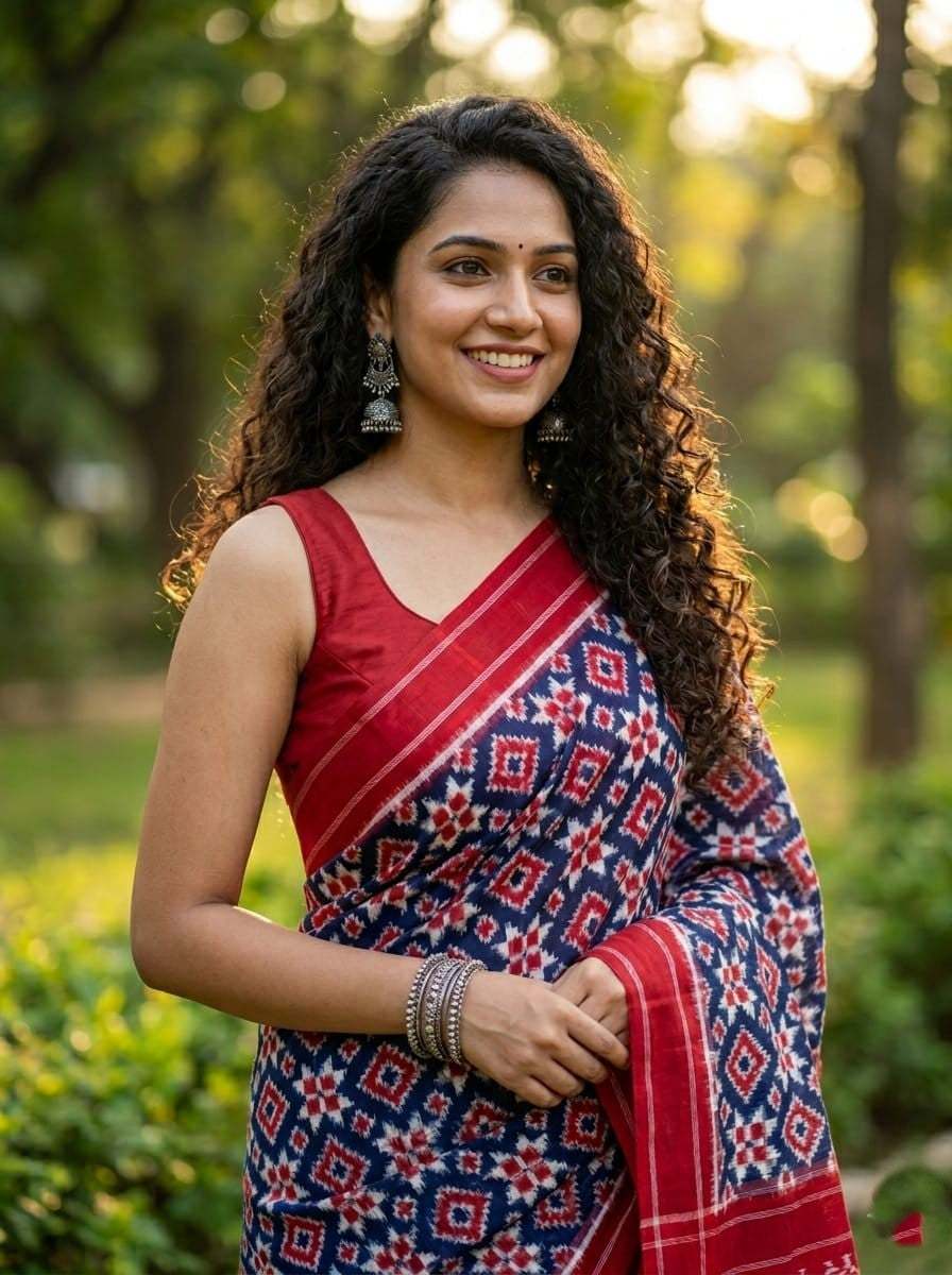 A luxurious red Pochampally handloom silk saree featuring intricate Teliya Rumal double ikat geometric patterns and a traditional border.