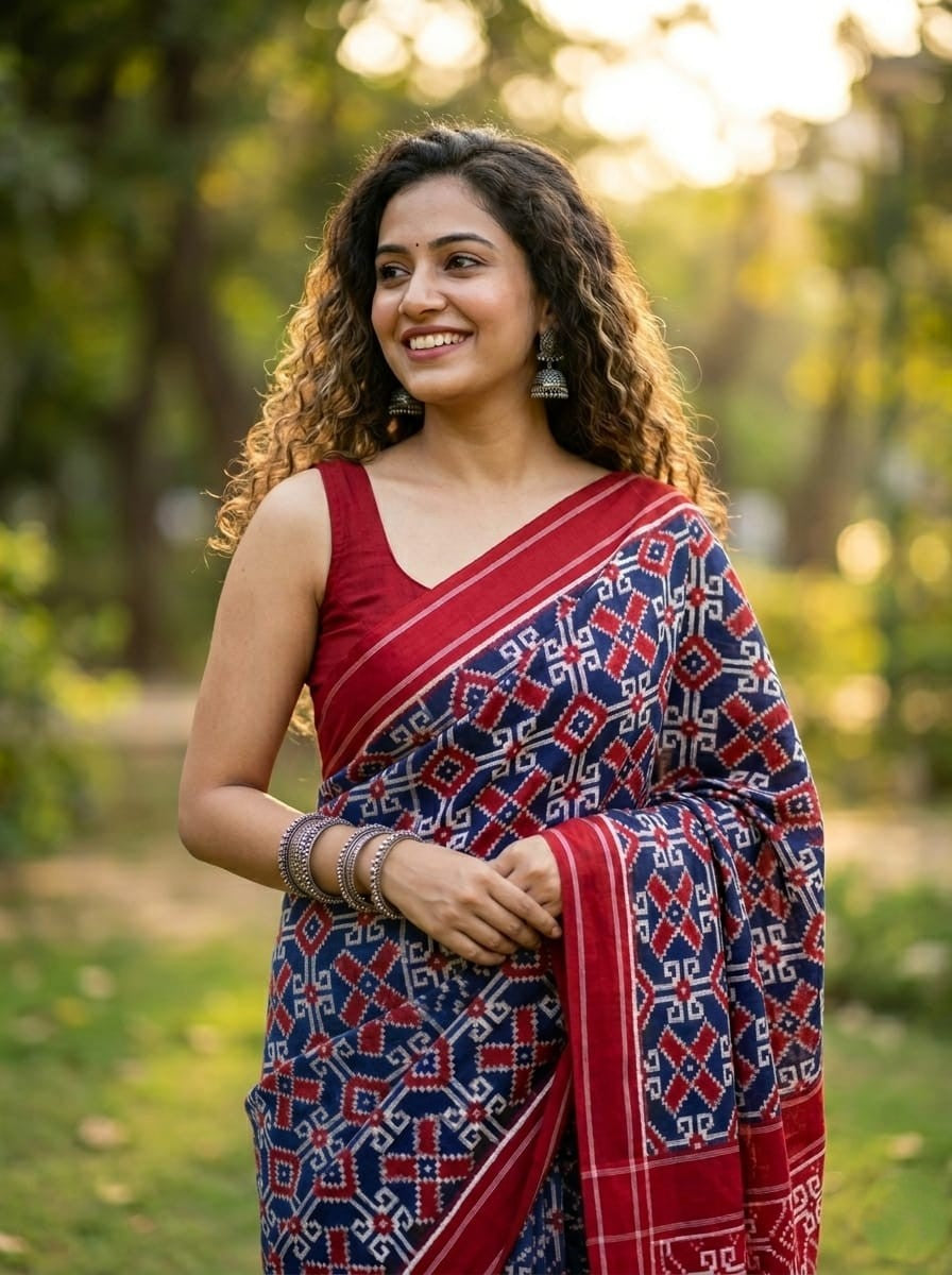 A luxurious red Pochampally handloom silk saree featuring intricate Teliya Rumal double ikat geometric patterns and a traditional border.