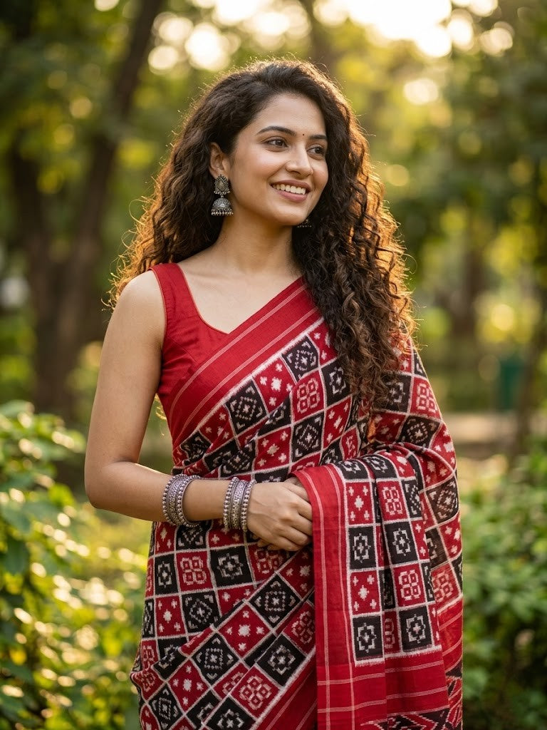 A luxurious red Pochampally handloom silk saree featuring intricate Teliya Rumal double ikat geometric patterns and a traditional border.