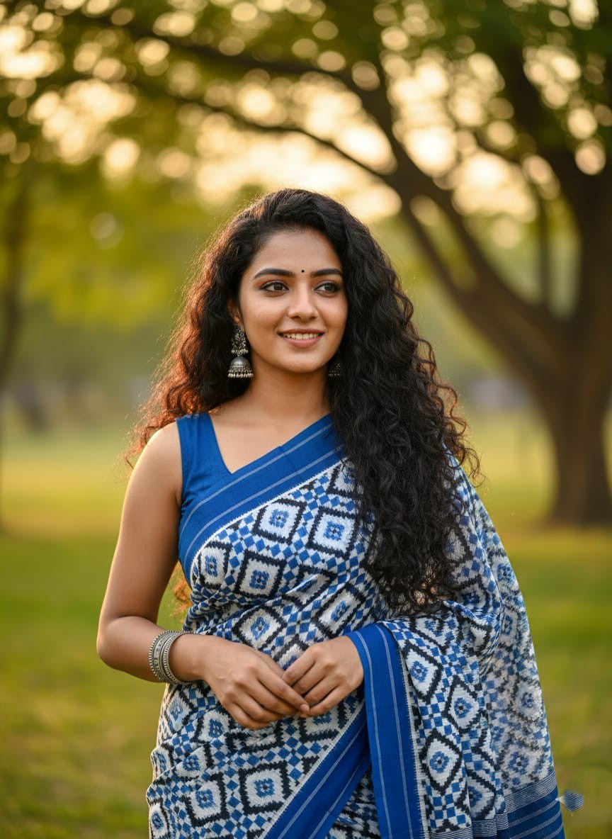 A luxurious red Pochampally handloom silk saree featuring intricate Teliya Rumal double ikat geometric patterns and a traditional border.