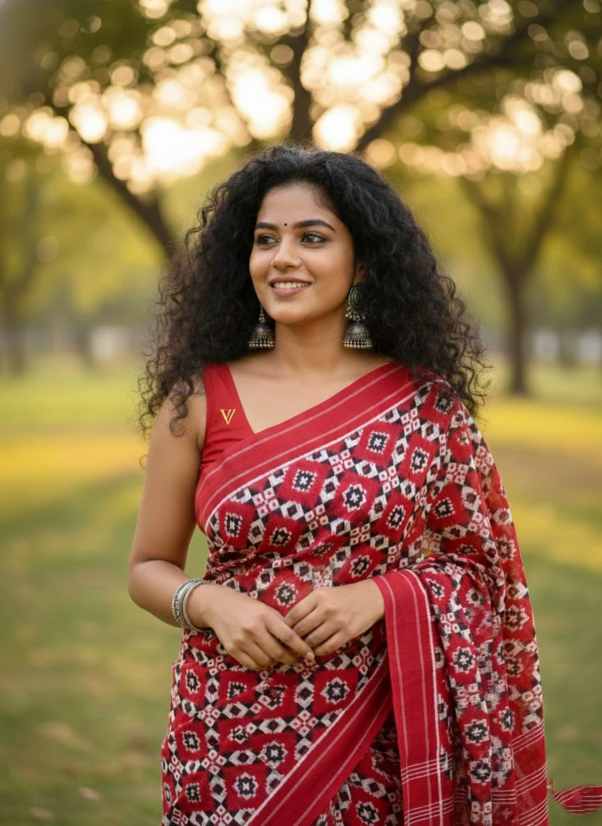 A luxurious red Pochampally handloom silk saree featuring intricate Teliya Rumal double ikat geometric patterns and a traditional border.