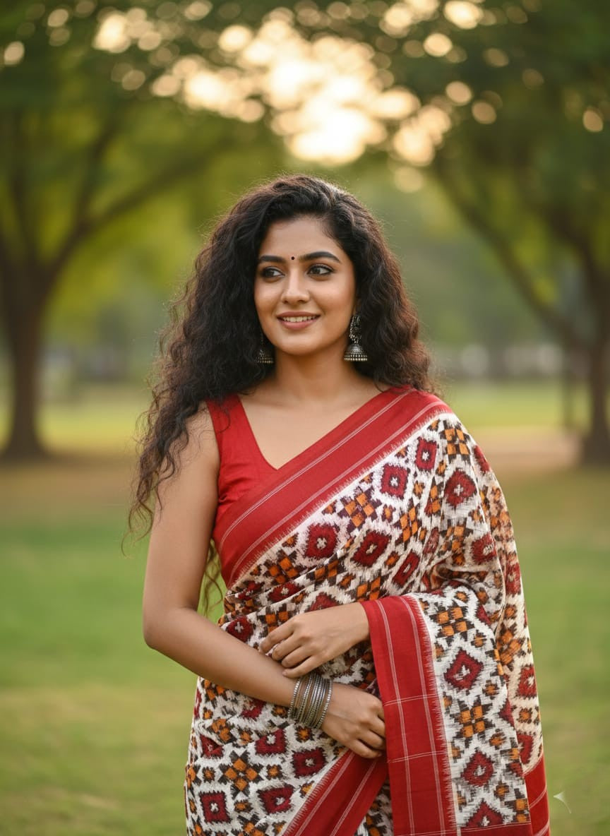 A luxurious red Pochampally handloom silk saree featuring intricate Teliya Rumal double ikat geometric patterns and a traditional border.