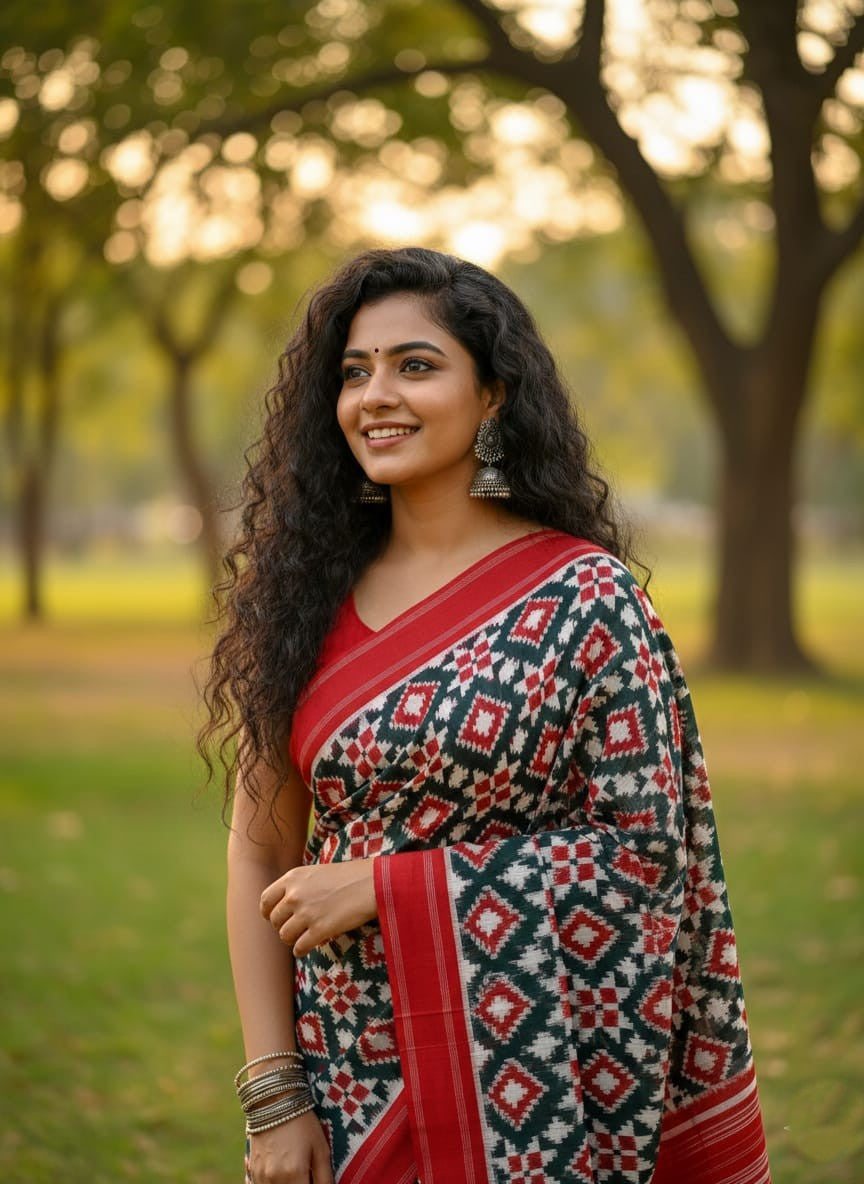 A luxurious red Pochampally handloom silk saree featuring intricate Teliya Rumal double ikat geometric patterns and a traditional border.