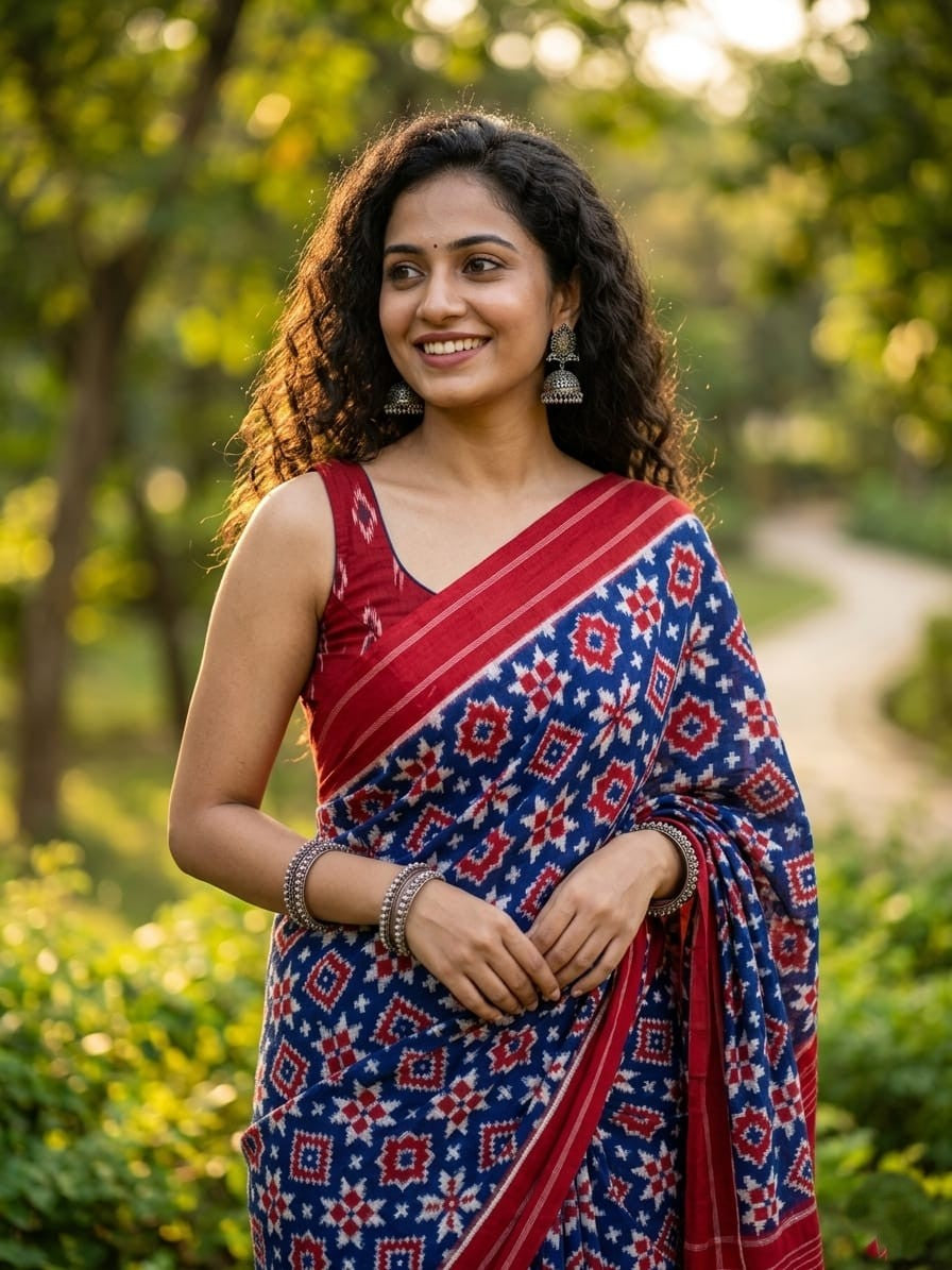 A luxurious red Pochampally handloom silk saree featuring intricate Teliya Rumal double ikat geometric patterns and a traditional border.
