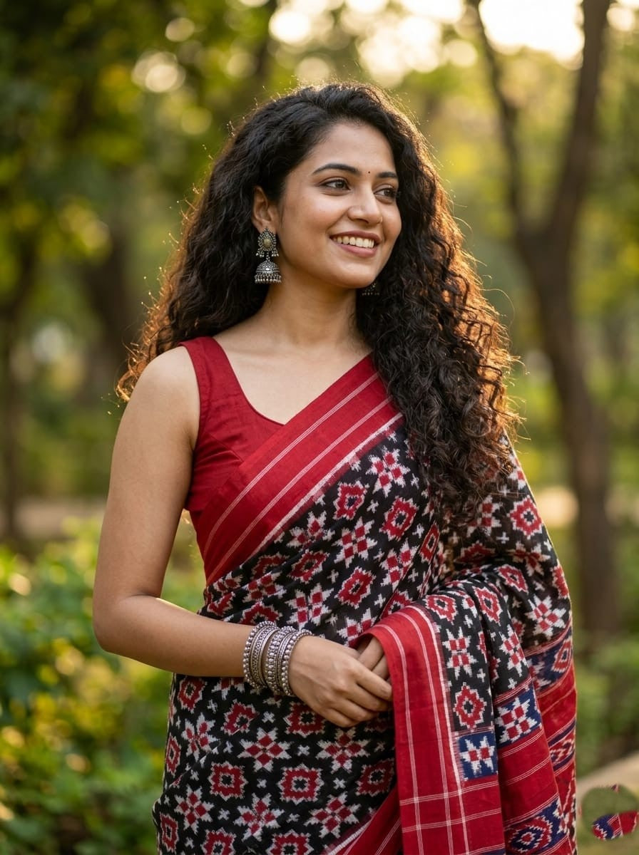 A luxurious red Pochampally handloom silk saree featuring intricate Teliya Rumal double ikat geometric patterns and a traditional border.