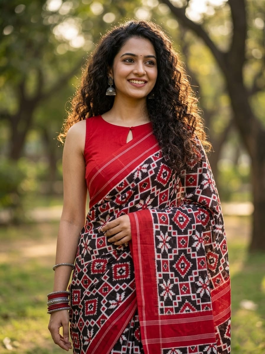 A luxurious red Pochampally handloom silk saree featuring intricate Teliya Rumal double ikat geometric patterns and a traditional border.