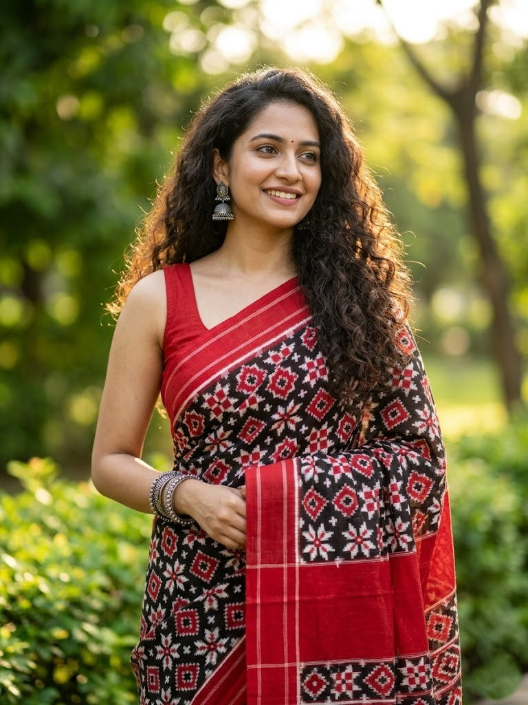 A luxurious red Pochampally handloom silk saree featuring intricate Teliya Rumal double ikat geometric patterns and a traditional border.