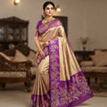 Gold Kanchipuram Handloom 1G Tissue Brocade Meenakari Silk Saree featuring a shimmering tissue weave, rich Meenakari details, and Silk Mark certification.